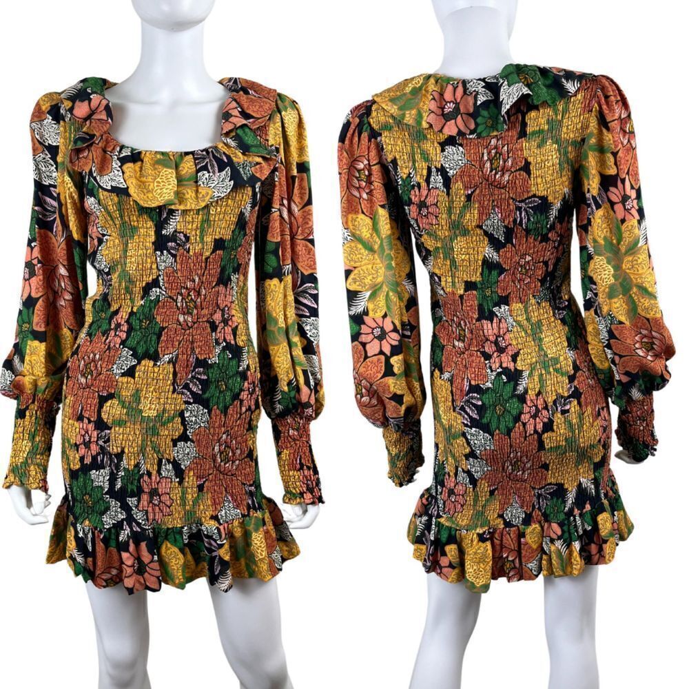Farm Rio Women Size S Black Garden Floral Smock Balloon Sleeve Mini NEW Dress
